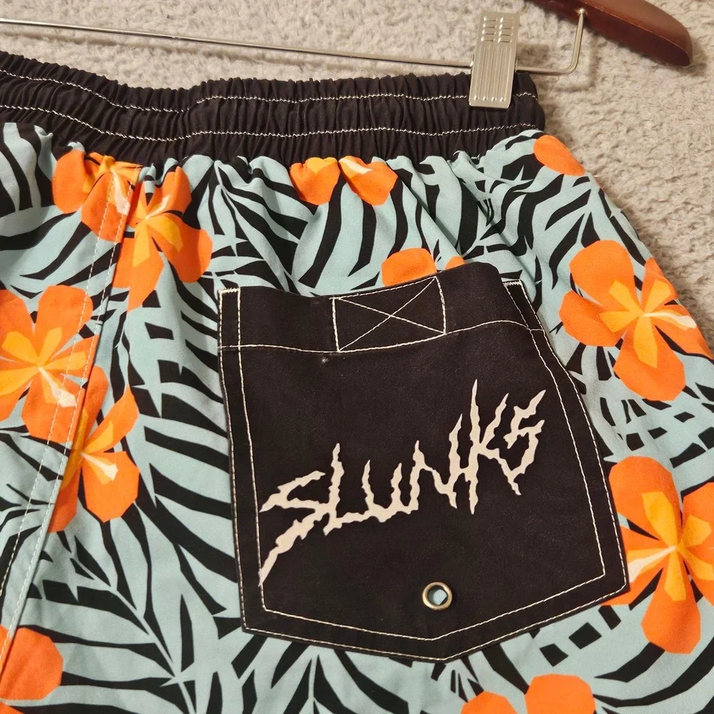 Slunks Mens Tropical Floral Board Shorts Blue Orange Compression Liner Small 5
